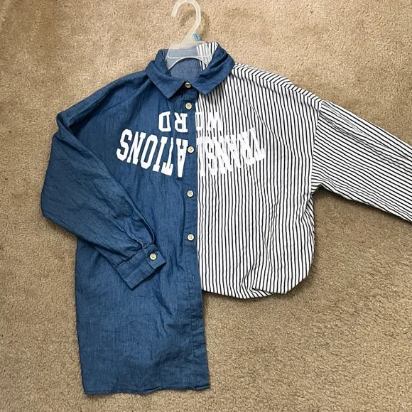 Lettered Half Solid Half Striped Button Down Shirt - Picture 3 of 3